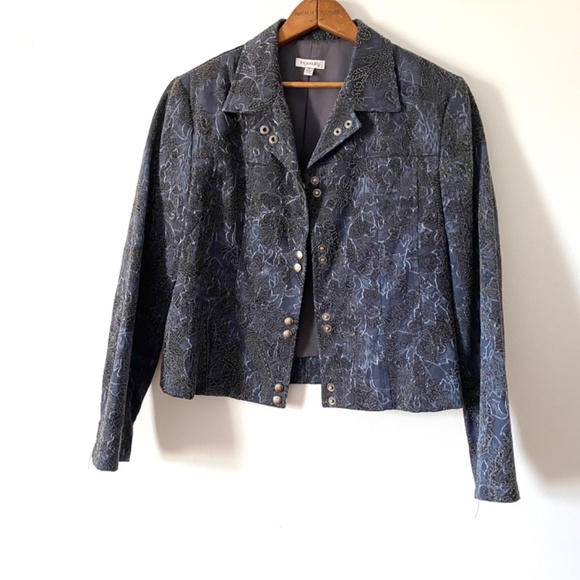 90’s Vintage Blue Cotton Brocade Jacket, Ingenuity Winter Fashion Coat Canada - Picture 3 of 10
